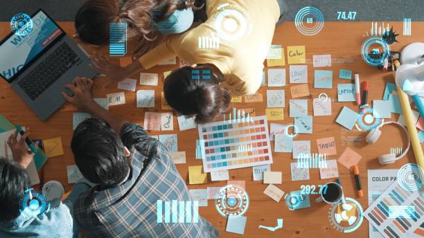 istock Top down view of civil engineer planning and writing at blueprint. Symposium. 2163491747