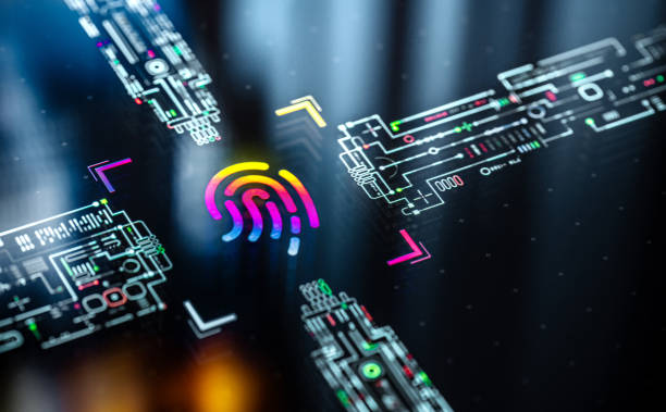 istock Digital authentication and fingerprint engine core. Digital privacy concept futuristic background. Touch ID evolution and productivity. Futuristic fingerprint icon in world of technological progress and innovation 2163493357