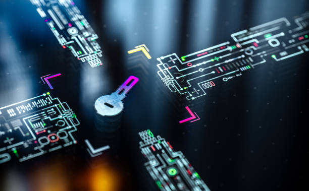 istock Digital authentication and digital key engine core. Digital privacy concept futuristic background. Futuristic digital key icon in world of technological progress and innovation 2163493369