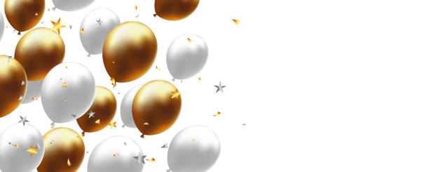 istock Luxury banner background, card with realistic balloons and confetti. space for text 2163493905