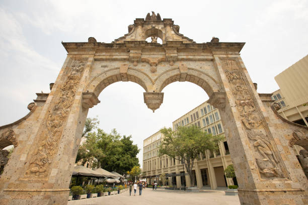 Morning view of the historic gateway arch of central downtown Zapopan, Jalisco, Mexico.