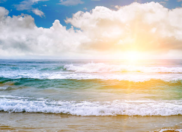 istock Sea and bright Sun on blue sky . 2163495445
