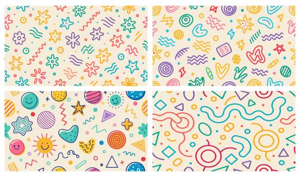 illustrations, cliparts, dessins animés et icônes de colorful line doodle seamless pattern set - enfance