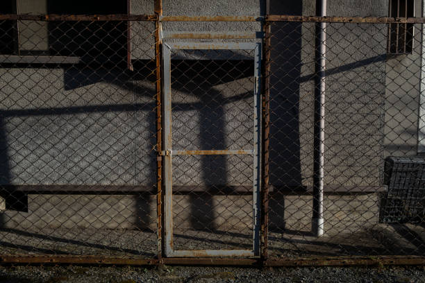 Rusty iron wire fence illuminated by the setting sun