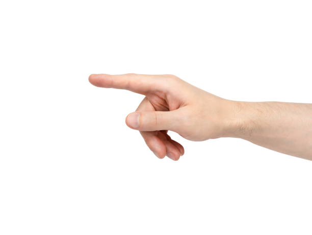 istock Man's hand pointing to something with her index finger isolated on white background. Close up. 2163506820