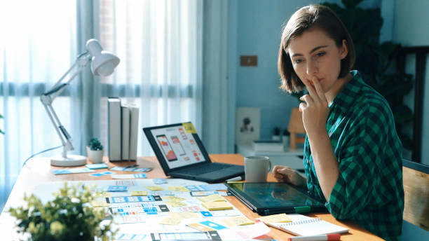 istock Top view of manager design UX, UI system while sitting at table. Convocation. 2163508728