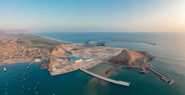 Panoramic view of Chancay Mega seaport. Located in Peru, under construction, future maritime hub of South America. Chancay Lima, Peru.