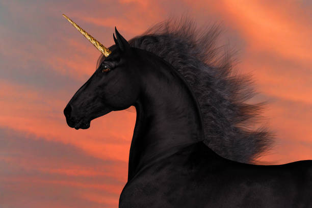 A Unicorn is a mythical creature that has a black coat, cloven hooves and golden forehead horn.