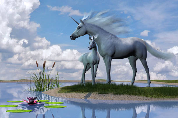 istock Unicorn Mare and Foal by Pond 2163513182