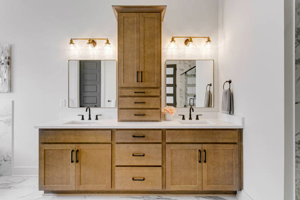 istock Double Vanity Bathroom With Storage Cabinets And Marble Accents 2163514811