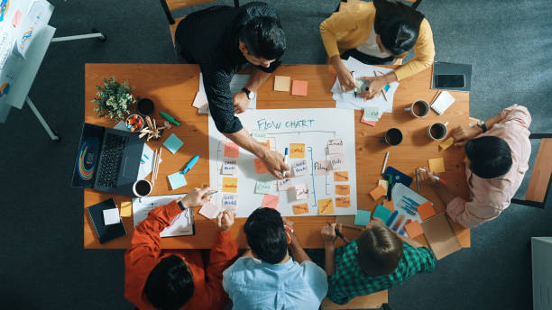 istock Top view of business team making scrum task board at meeting room. Convocation. 2163516387