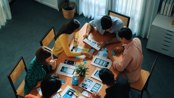 istock Top view of developer team designing Ux Ui design for mobile phone. Convocation. 2163517253