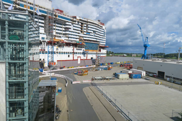 Papenburg, Germany – September 5, 2020: Part of a new cruise ship at the Meyer shipyard in Papenburg, the largest shipyards in the world, which has been building cruise ships for international shipping companies for decades.