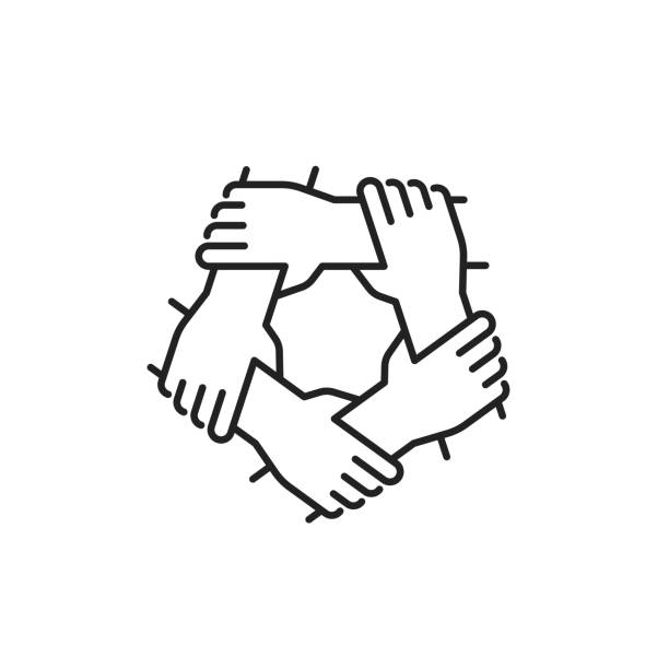 Teamwork icon. Group of five people working together. A helping hand. Organized group. Concept of friendship, diversity, solidarity  and inclusion. Multicultural society and population. Volunteer concept.  People holding arms. Isolated line vector illustration.