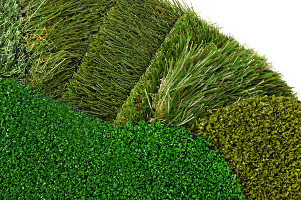 Close up of the artificial grass turf samples isolated on white