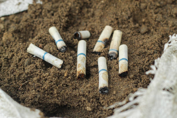 istock cigarette butts or cigarette marks on the sand 2163521826