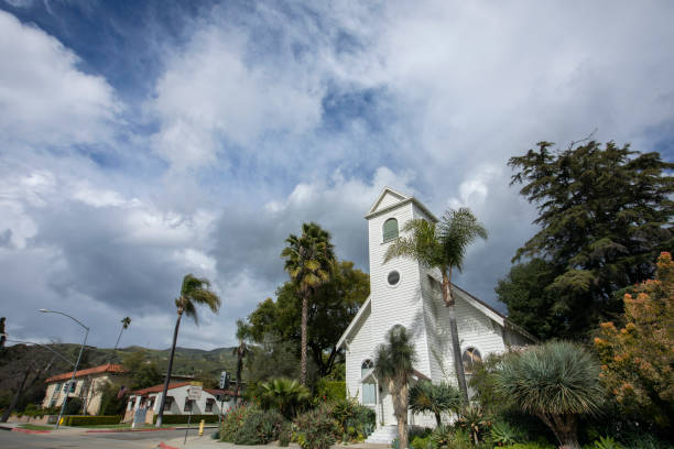 Daytime view of historic downtown urban core and church of Fillmore, California, USA.