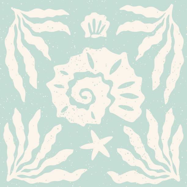 Seashells and seaweed cutouts. Seaweed and shells on pastel blue background block print style square composition. Sea holiday cut out collage elements set. Coastal design linocut elements collection.