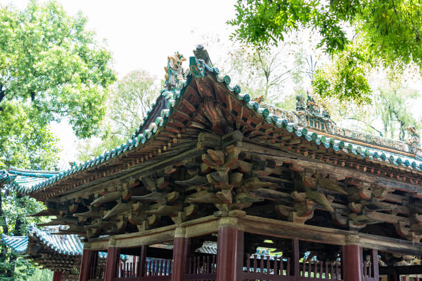 It has carved wooden dragons coiled around the eight pillars that support its upward-curving double-eave roof. The complex includes a classical garden with a 3,000-year-old cypress dating from the Zhou Dynasty. To the west of Hall of the Holy Mother is a temple dedicated to the deity Shuimu. Next to Jinci is the Wang Family Hall, a private villa built in 1532 (492 years ago) for Wang Qiong, a high-ranking official during the Ming Dynasty. the hall of the holy mother in jinci temple, taiyuan, shanxi: one of the three treasures of jinci, an ancient building.the best known structure at jinci is the hall of the holy mother (圣母殿, shèngmǔdiàn), which was constructed from 1023 to 1032 (99