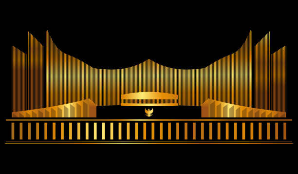 ibu kota baru indonesia emas dalam warna hitam ikn nusantara elang patung istana kepresidenan - monumen pancasila ilustrasi stok