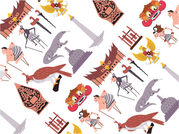 berbagai budaya indonesia dengan candi borobudur, alat musik bambu, barong dan pertunjukan wayang warisan tradisional - monumen pancasila ilustrasi stok