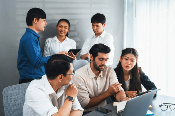 istock Group of diverse office worker employee working together. Prudent 2163531423
