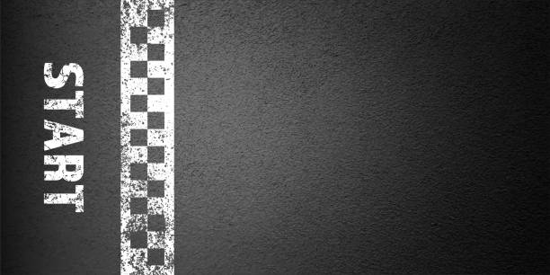 istock Asphalt road with white start line marking, concrete highway surface, texture. Street traffic lane, road dividing strip. Pattern with grainy structure, grunge stone background. Vector illustration 2163531524