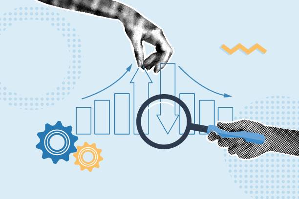 ilustraciones, imágenes clip art, dibujos animados e iconos de stock de collage de semitonos de moda. concepto de control de costes y calidad, optimización de la gestión. el hombre mejora la eficiencia del trabajo para controlar la calidad y reducir los costos de la empresa. estrategia y gestión exitosa de la organización. - control de calidad