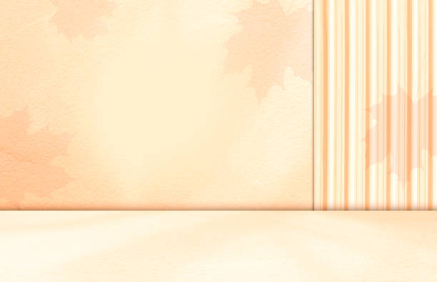 Autumn background beige studio room abstract fall maple leaves shadow on wall floor cement, podium minimal cosmetic presentation, yellow orange cement empty backdrop platform stage table loft scene.