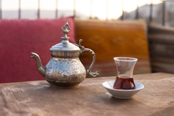 istock traditional turkish black tea on table with teapot 2163545770