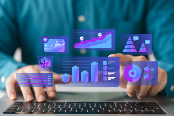 Business data analyst with dashboard charts, marketing sales strategic planning.