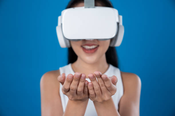 istock Elegant female stand excited seeing virtual scenery in metaverse. Hallucination. 2163546200