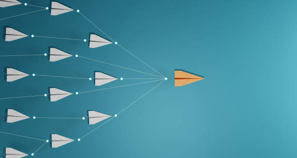 istock Leadership concept, Orage leader plane leading white plane, on blue background. 2163547009