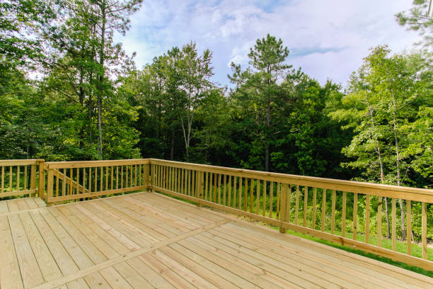 istock Spacious Wooden Deck Overlooking Lush Green Forest Under A Blue Sky. 2163548420