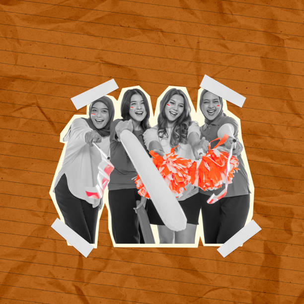 A group of four women are posing with a white object, possibly a baton, and are smiling. The image has a fun and lighthearted mood. Indonesian independence day concept