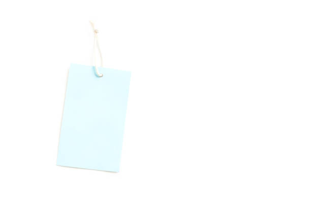 Paper price tag with string isolated on white background, Blue square paper label