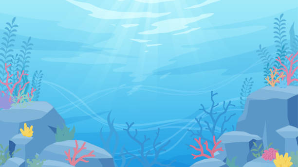 coral reef Underwater background illustration with rocks and coral_16:9 fish tank stock illustrations