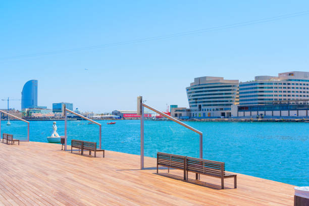 Barcelona, Spain - July 16, 2024: View of modern buildings and a waterfront promenade at Barcelona port.