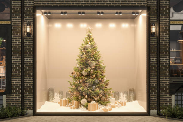 Christmas Store Window Display At Night With Christmas Tree, Ornaments And Gift Boxes