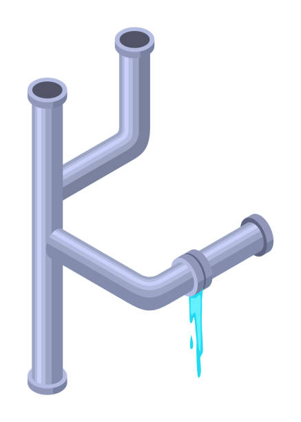 Leaking pipes isometric. Broken pipe tube with leaking water. Plumbing construction pipeline with damage element. 3d industrial water system Leaking pipes isometric. Broken pipe tube with leaking water. Plumbing construction pipeline with damage element. 3d industrial water system. pvc flange stock illustrations