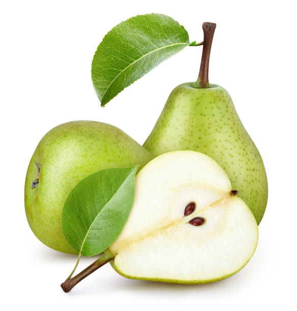istock Pears with green leaf isolated on white background 2163558203