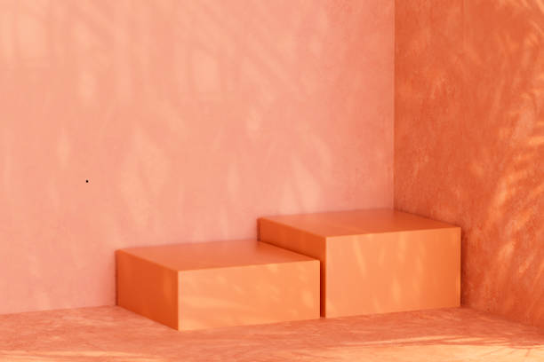 istock Podium showcase product presentation with palm tree shadows on orange color background, summer concept 2163563920