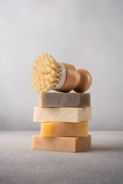 istock Stack of natural organic soap bars and cleaning brush 2163569319