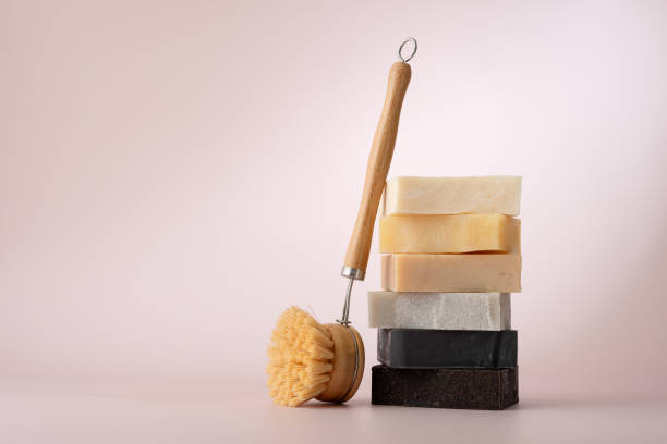 istock Stack of natural organic soap bars and cleaning brush 2163569541