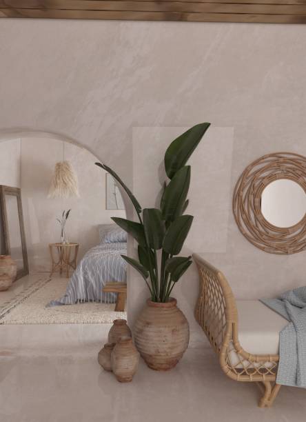 istock Beach House Mediterranean Bedroom Interior, 3D Rendering. 2163569566