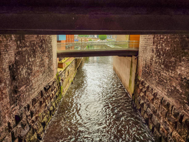 Red Historic Bridge running over the Castlefield canal in Manchester at night