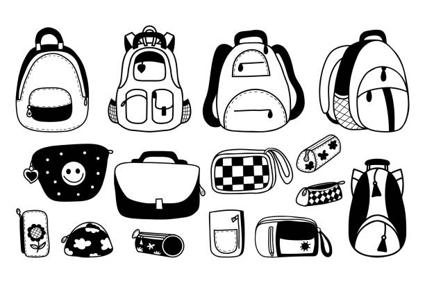 School backpacks, satchels, bag, pencil cases and school supplies doodle collection. Vector illustration. Isolated hand drawings for design and decor School backpacks, satchels, bag, pencil cases and school supplies doodle collection. Vector illustration. Isolated hand drawings for design and decoration cosmetic bag clip art stock illustrations