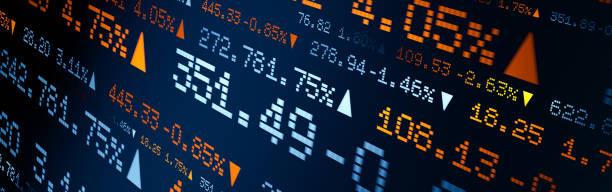 istock Close up abstract stock market ticker with prices, percentage changes. 2163573364