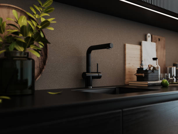 Macro of Modern Anthracite Wooden Kitchen, Interior Design. 3D Modelling, Macrophotography.