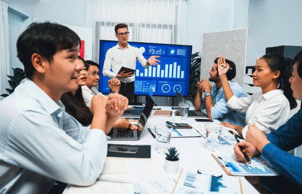 istock Presentation in office or meeting room with analyst team. Prudent 2163574111